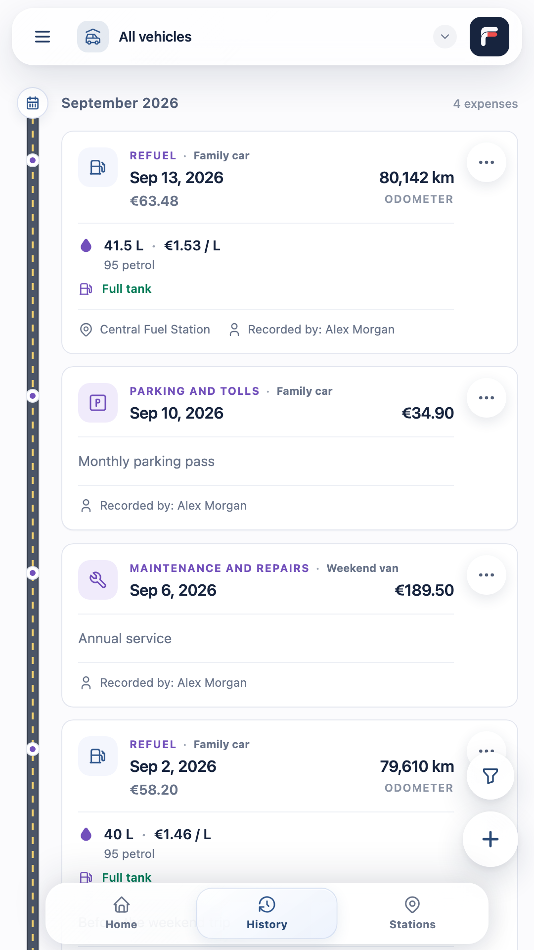 Exemple d’historique Fuelico avec les pleins et les dépenses de véhicules partagés.